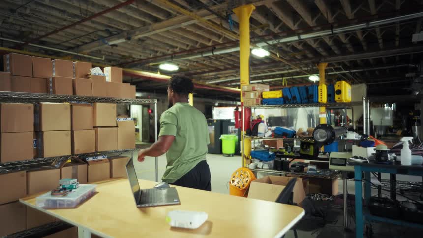A person works at a laptop in a warehousestyle room filled with cardboard boxes organizing packages beside their desk