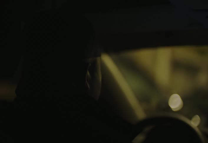 The video shows a dark blurred shot from inside a car with only the silhouette of a persons head visible against faint background lights the scene is dimly lit suggesting it is either nighttime or takes place in a lowlight environment
