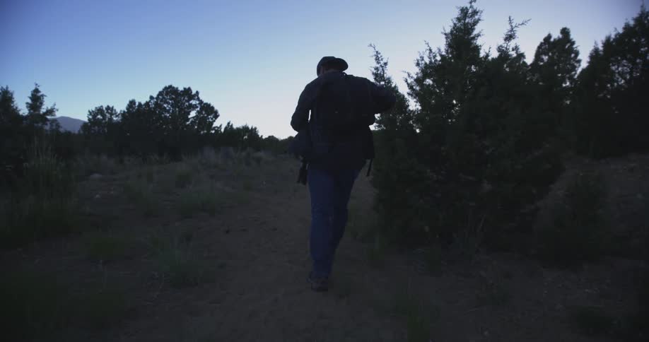 A person walks along a dirt path lined with trees and bushes during twilight