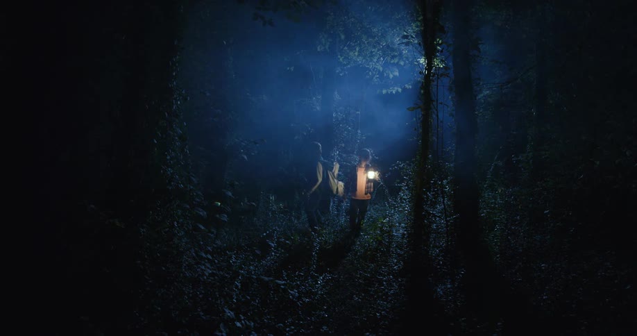 Two kids a boy and a girl walk through a dark forest at night one carrying a lantern and the other a flashlight