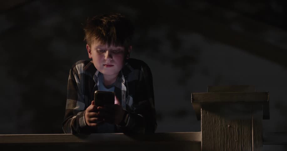 A kid leans on a railing and uses his phone