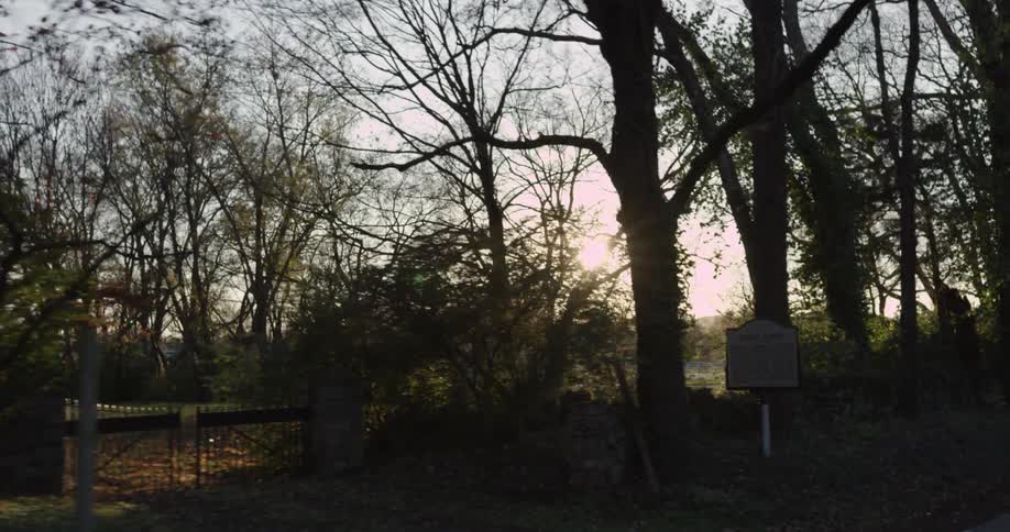 He sun sets through a grove of mostly bare trees next to a white wooden fence lining a rural road