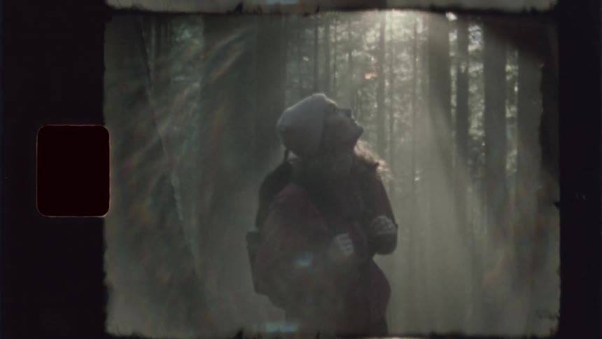 A young woman hiking in the woods at midday looking upward while carrying a backpack