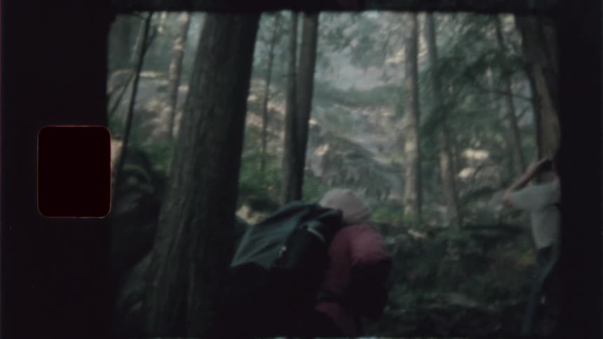 The video shows a person walking through a dense forest with tall trees seen from behind the footage has a vintage or filmic look with a film strip border on the left side of the frame