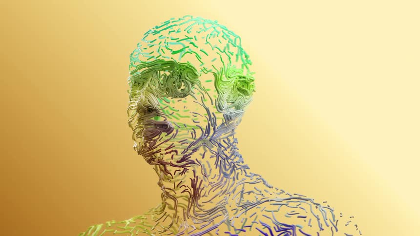 Colored lines form a human face against a neutral yellow background