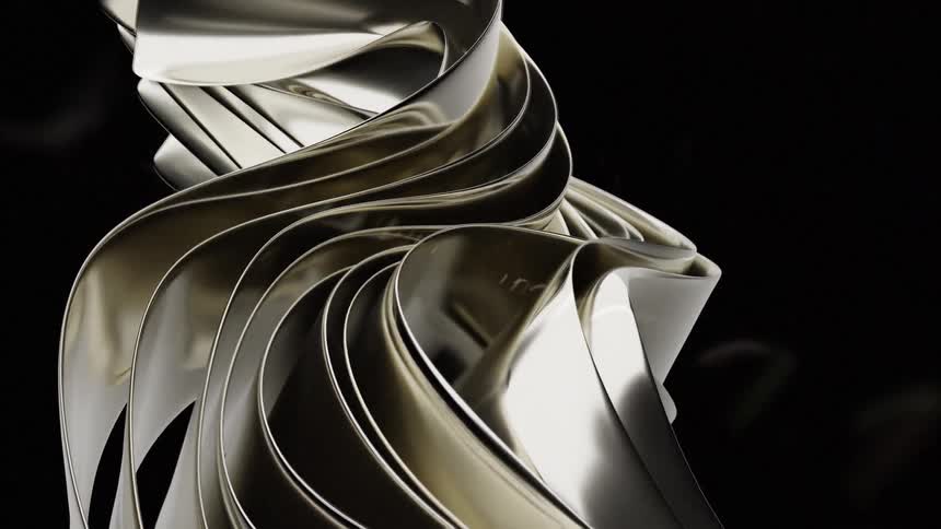 The video features a shiny abstract metallic sculpture with flowing layered forms the camera rotates around the sculpture highlighting its smooth reflective surfaces and intricate curves