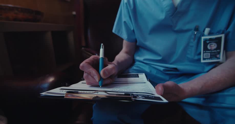 A medical professional fills out paperwork