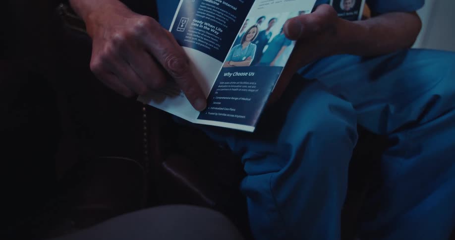 A person in blue scrubs holds and points at a brochure highlighting comprehensive medical services streamlined care plans and family availability