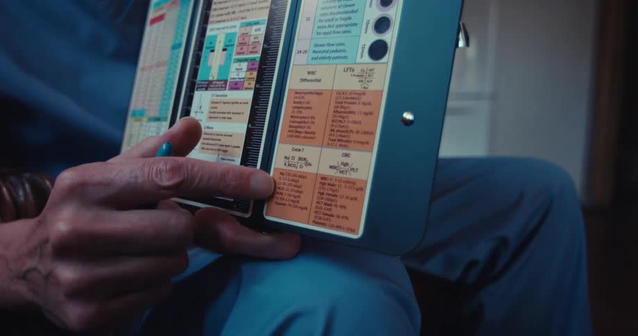Doctor in a blue outfit showing information in an open book