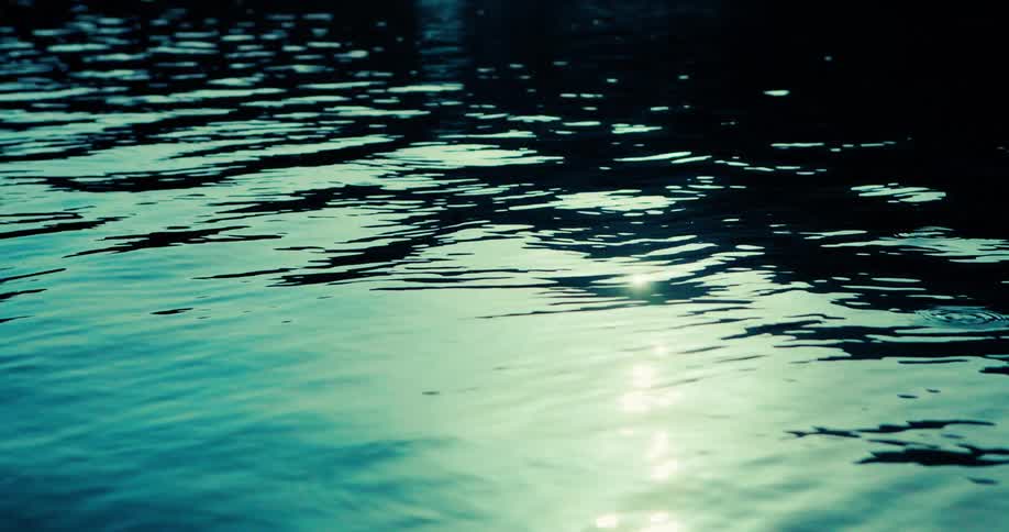 The surface of a body of water with small ripples moving in sunlight reflecting off the surface