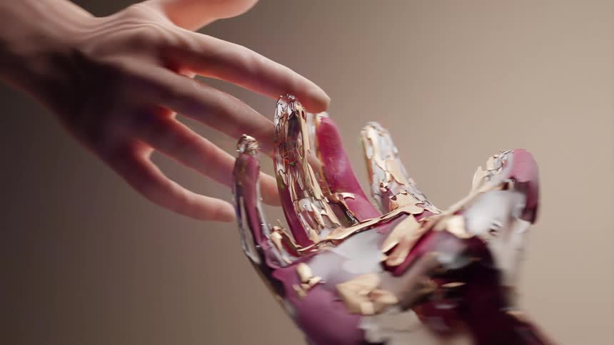 An animation of robotic hands holding each other