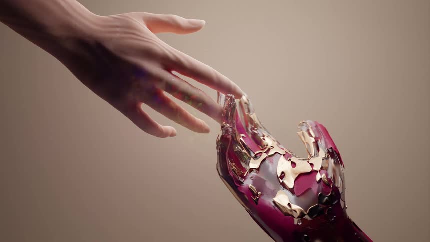 A hand touches with an artificial hand in the digital art