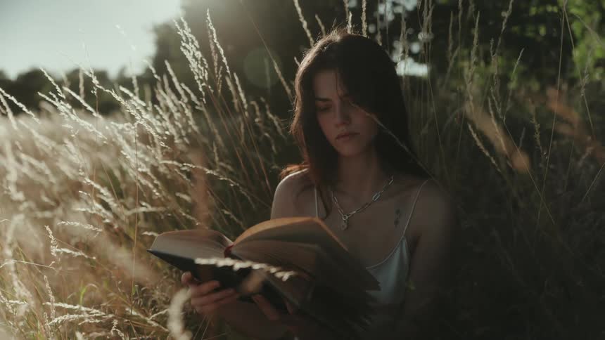 Woman sitting among reeds and reading a book