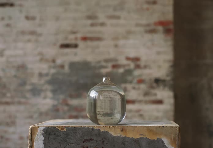 Clear glass vase with water on top of a wooden box
