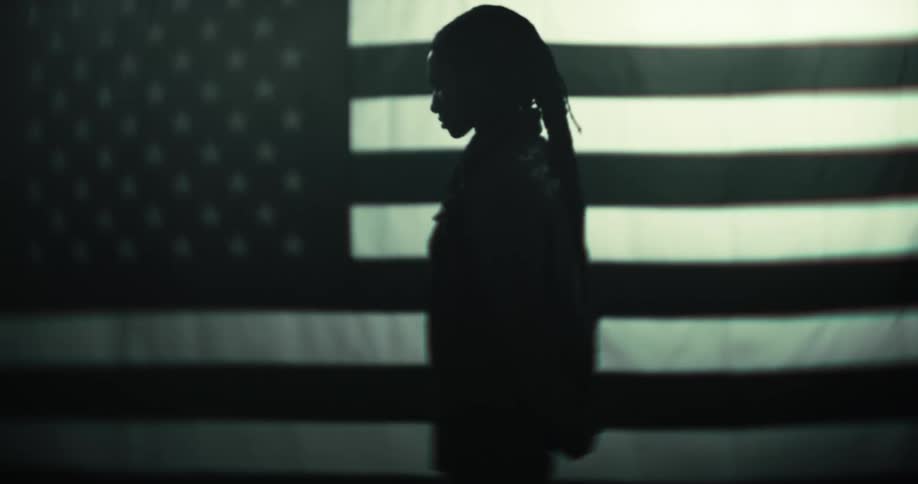 The video shows a person in silhouette standing in front of what appears to be an american flag the persons hair is in dreadlocks or braids falling over their shoulder