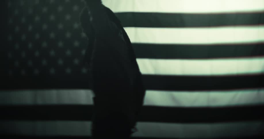 Woman punches the air while giving an animated speech in front of an american flag