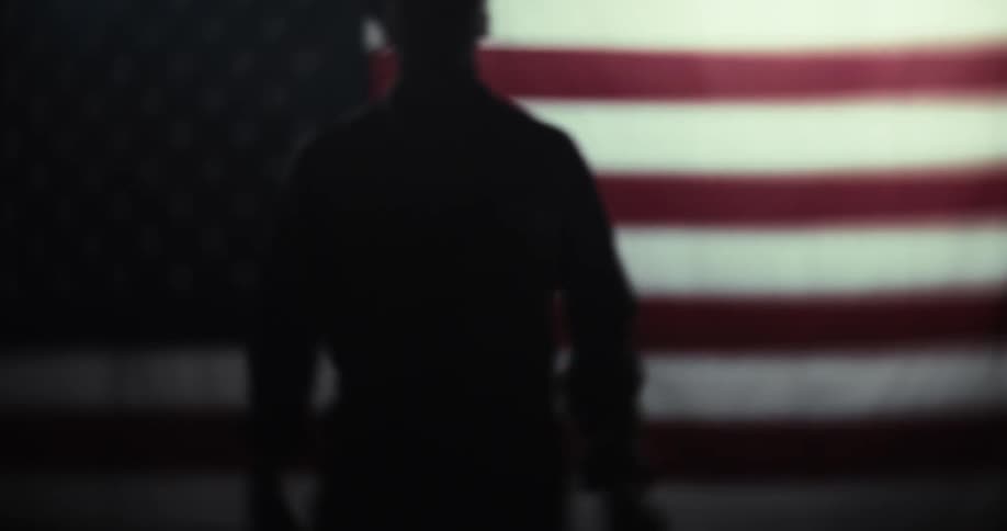 Silhouette of a person holding a chair and the united states flag in the background