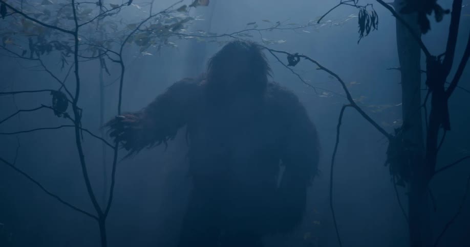 A mystical apelike man walking through a forest in a foggy atmosphere
