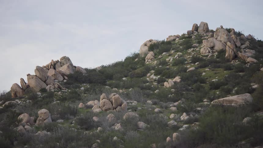 Landscape dominated by a rocky hillside under what appears to be a cloudy sky