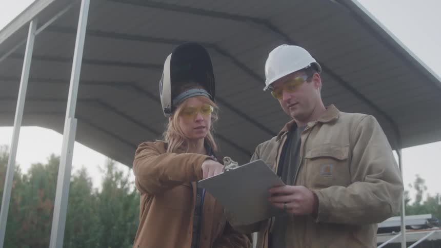 Man in helmet and clipboard talking to woman outdoors