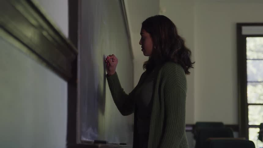 The woman is using the blackboard in class