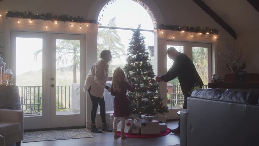 Family including a small child decorating a christmas tree in the living room