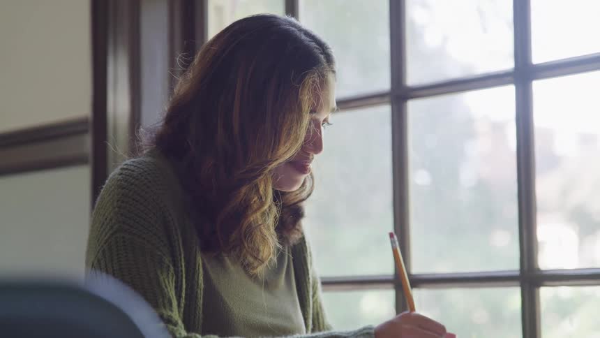 The video shows a student with long dark hair diligently writing in a notebook next to a large window suggesting an academic setting the natural light coming through the window illuminates her work indicating shes focused on her studies