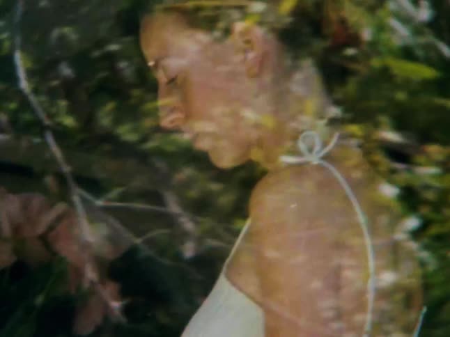 The video shows a person holding a single pink rose or similar flower with a long stem the person appears to be wearing a lightcolored possibly white dress or top