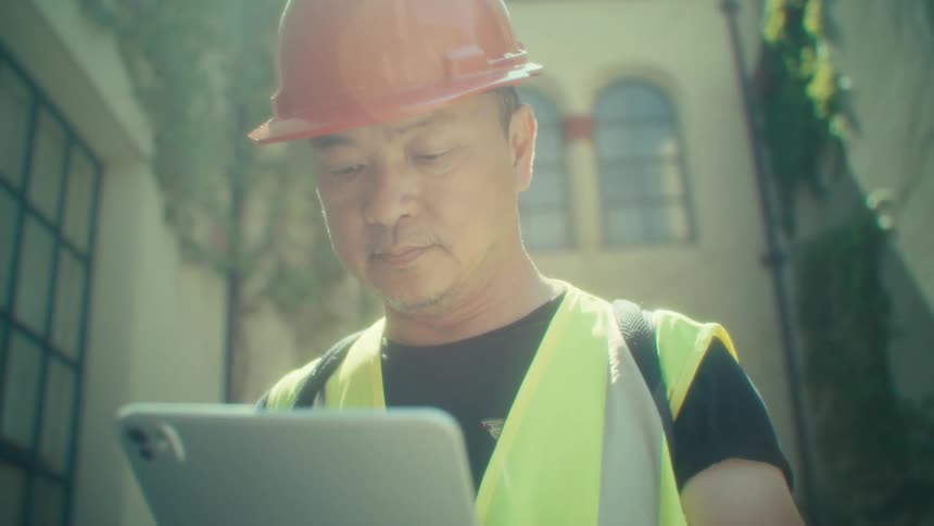 Medium shot of an east asian man likely in his 40s or 50s wearing an orange hard hat and a yellow safety vest over a black tshirt he is looking down intently at a white tablet