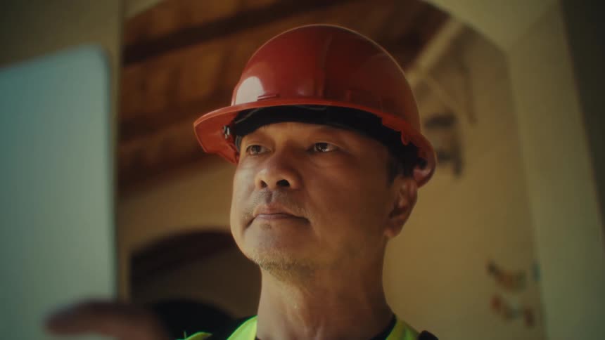 A man wearing an orange hard hat and a yellow safety vest is seen holding a tablet he looks around appearing to be inspecting something or taking in his surroundings