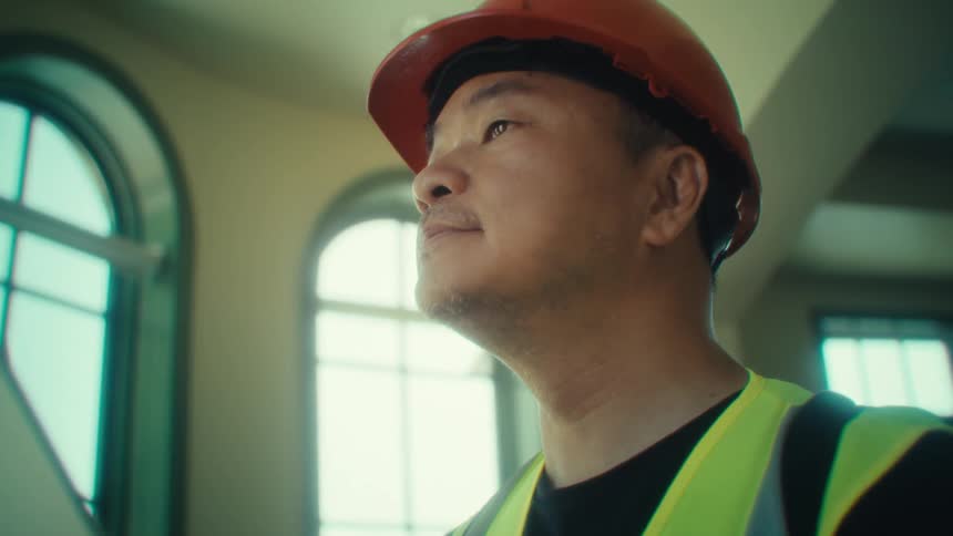 Shot of an east asian man likely in his 40s or 50s wearing an orange hard hat and a yellow safety vest over a black tshirt he is looking down intently at a white tablet
