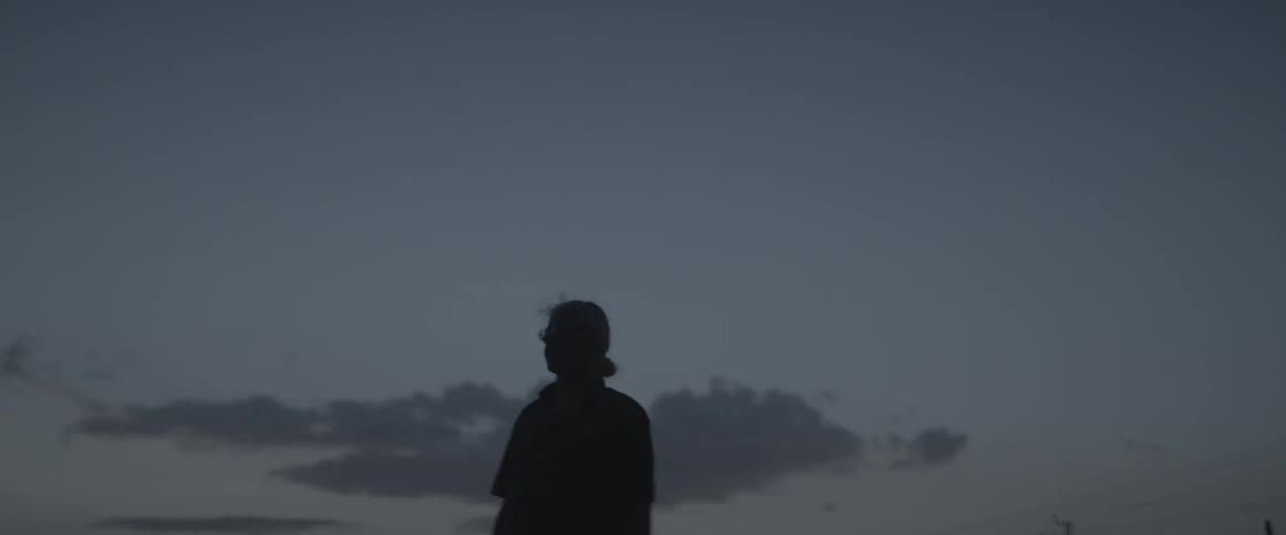 A man stands alone outdoors at dusk
