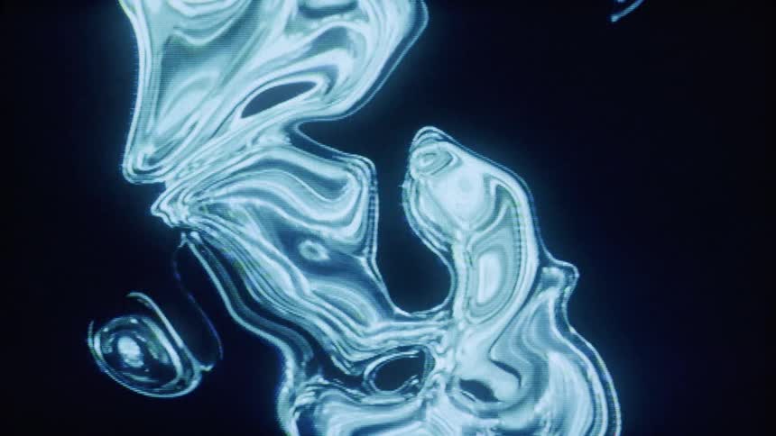 An abstract fluid motion of shiny silvery blue shapes resembling liquid metal against a dark background creating a dynamic and otherworldly effect
