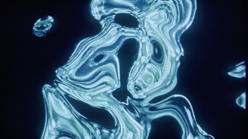 Blue liquid with reflective swirling patterns moves and distorts across a dark background creating organic blob like shapes that continuously shift