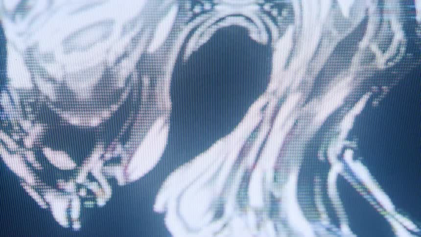 Shiny black and white shapes swirl and meld into each other on a grainy screen