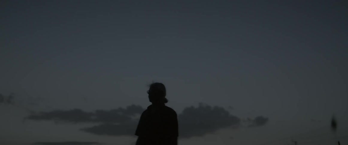 A man stands outside at dusk