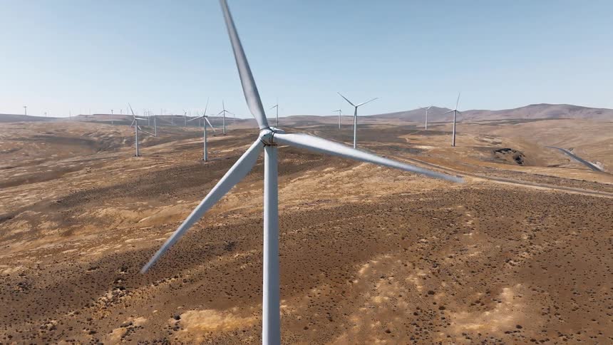 A large windfarm is on the landscape