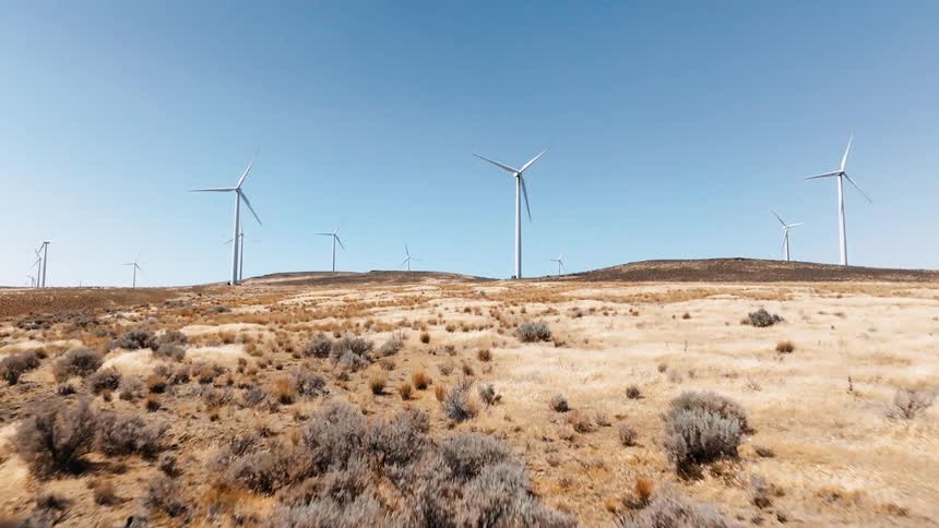 Rows of windmills are in the distance