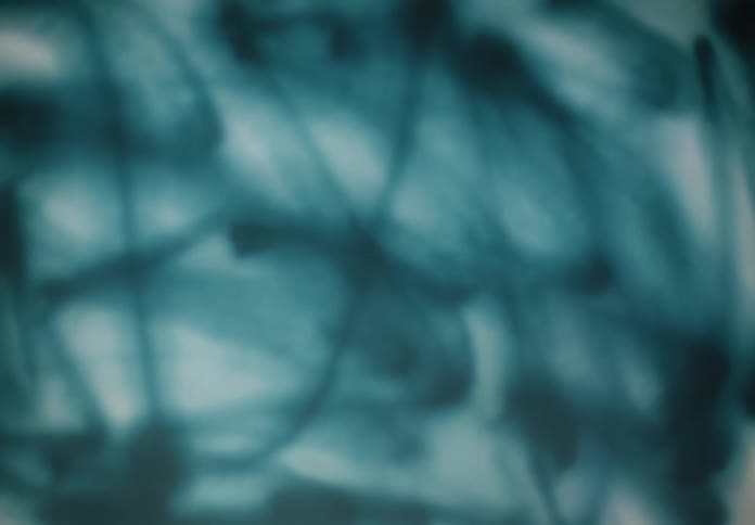 Person makes circular strokes with blue paint on a glass surface seen from the opposite side