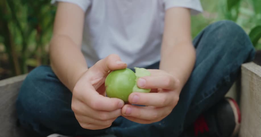 A boy sitting on a wooden platform in a garden peeling a fruit