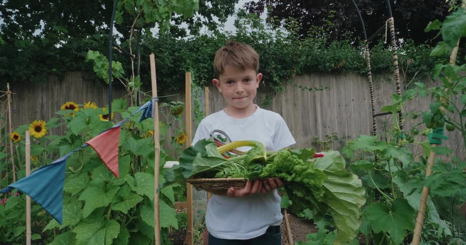 Boy with white shirt with a wicker basket full of vegetables in an outdoor environment
