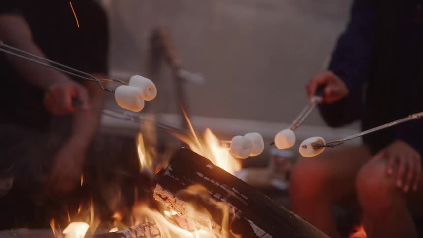 People roast marshmallows over an open campfire