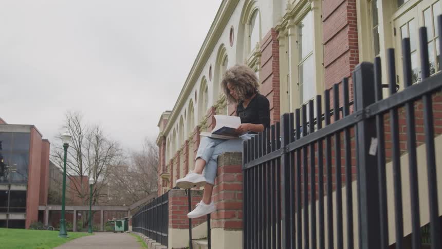 Woman sits on top of a brick wall ledge and reads a book in the middle of campus