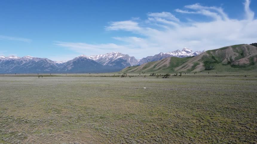 A plain stretches toward snowy mountains under a blue sky