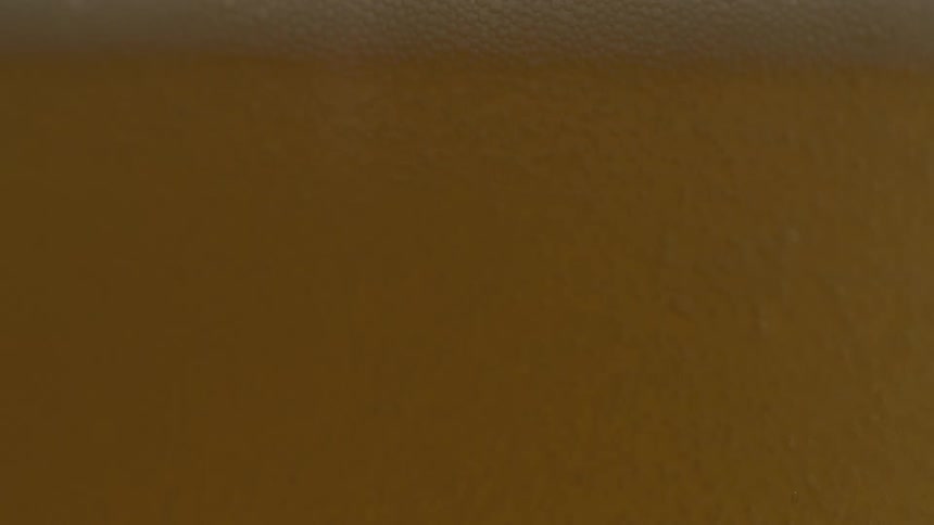 An extreme closeup of a glass of beer shows its foamy head slowly dissipating to reveal the golden carbonated liquid with bubbles continually rising past the condensation on the glass