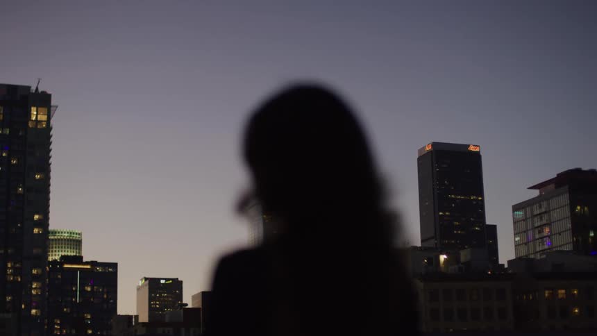 A silhouetted figure stands in the foreground facing away from the camera with a city skyline at dusk or night in the background the city features several illuminated skyscrapers and other buildings against a twilight sky