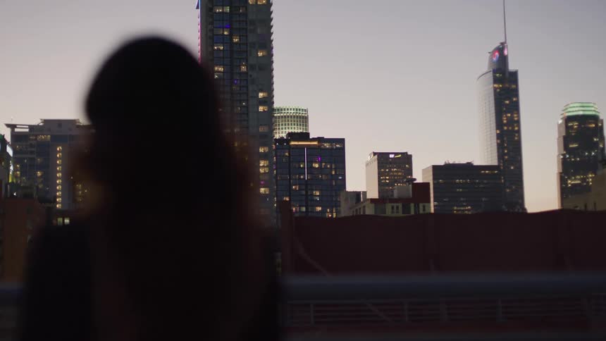 A silhouette of a person seen from behind is looking out at a city skyline at dusk numerous tall buildings with illuminated windows dominate the background