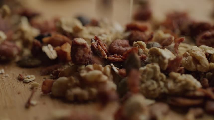 Nuts and granola fall and bounce