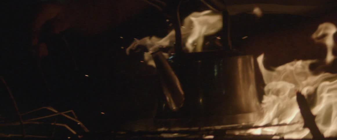 A fire burns under a kettle at night