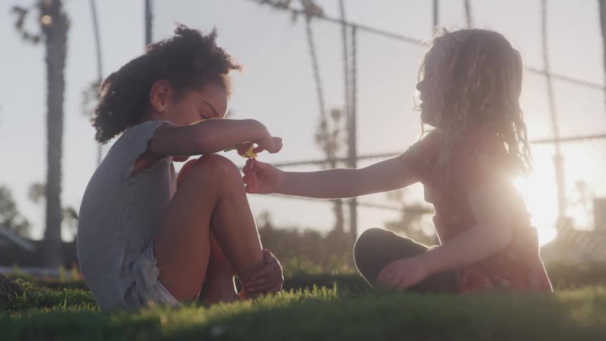 A girl hands her friend a flower